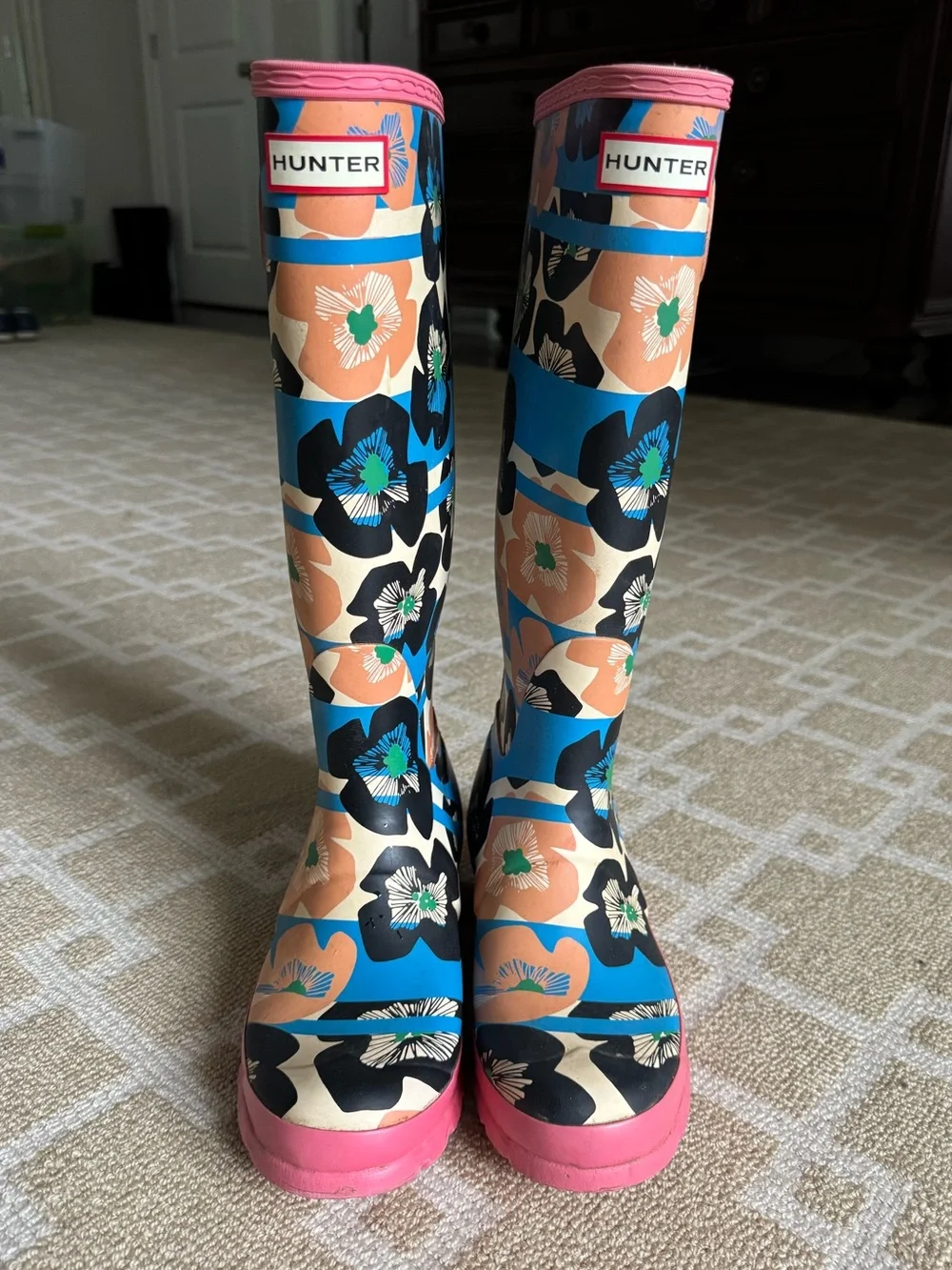 Hunter Original Tall Floral Print Rain Boots Waterproof Pink Blue Women’s US 7